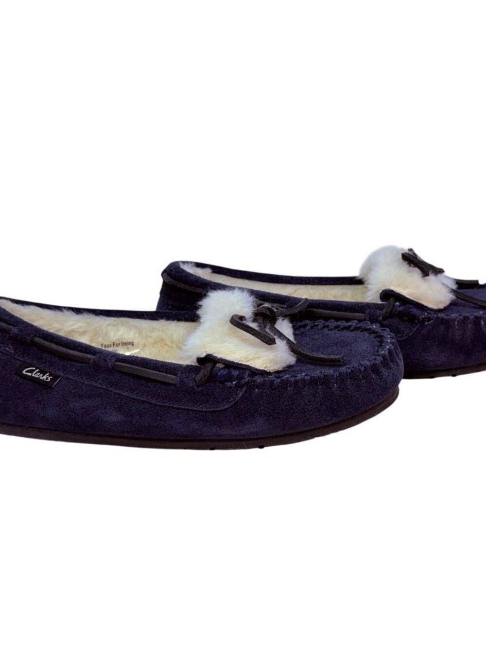 Clarks Holly Folded Tongue Navy Moccasin Slipper Faux Fur Lining Women's 7 M - Picture 3 of 8